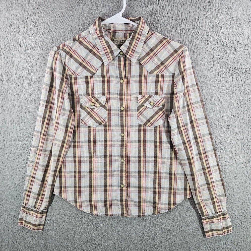 Fossil Brand Womens Small Western Snap‎ Shirt Plaid Cotton Long Sleeve Brown Red
